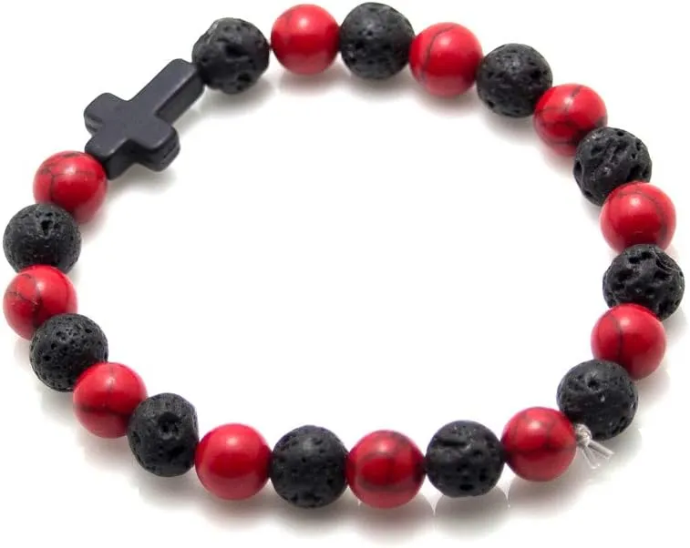 Xusamss Cross Bead Bracelet 8MM Lava Rock Turquoise Tiger Eye Onyx Stone Bracelet,7 1/2 Wrist