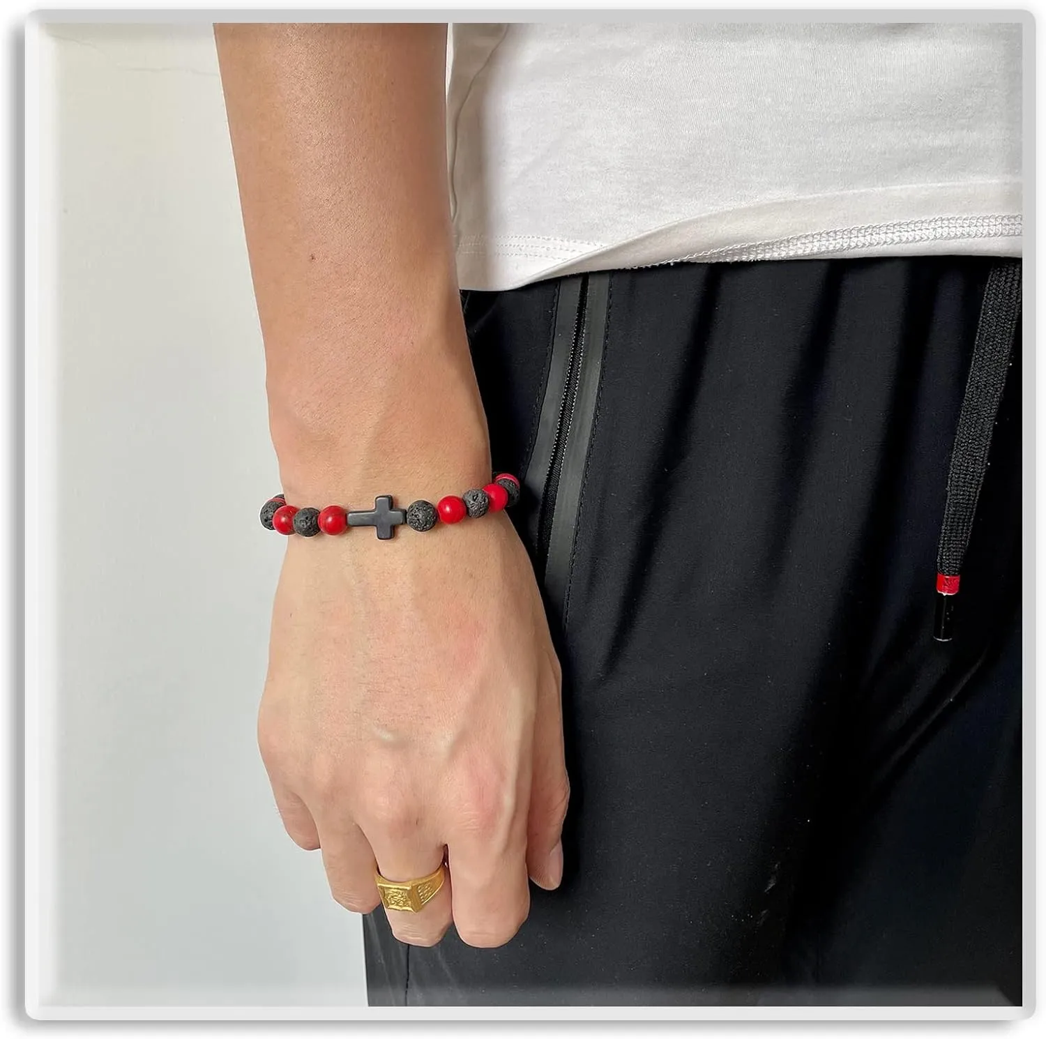 Xusamss Cross Bead Bracelet 8MM Lava Rock Turquoise Tiger Eye Onyx Stone Bracelet,7 1/2 Wrist