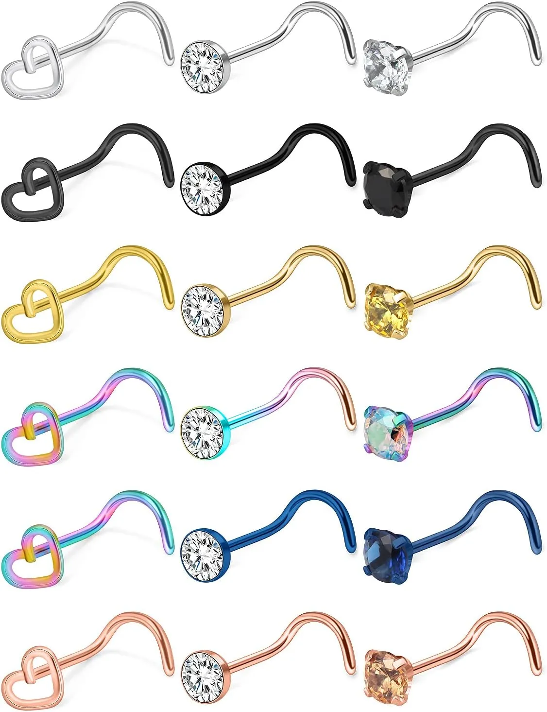 Yaalozei 18G 20G Nose Rings Studs Stainless Steel Straight Spiral Screw Nose Rings Piercings Jewelry for Women Men Silver Black Rose Gold Bule Colorful