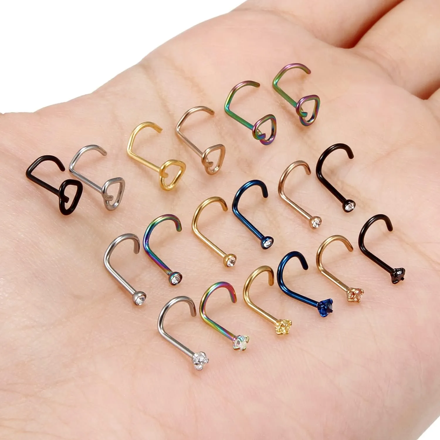 Yaalozei 18G 20G Nose Rings Studs Stainless Steel Straight Spiral Screw Nose Rings Piercings Jewelry for Women Men Silver Black Rose Gold Bule Colorful