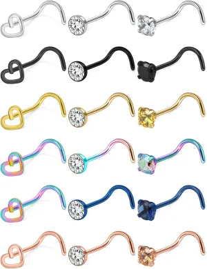 Yaalozei 18G 20G Nose Rings Studs Stainless Steel Straight Spiral Screw Nose Rings Piercings Jewelry for Women Men Silver Black Rose Gold Bule Colorful