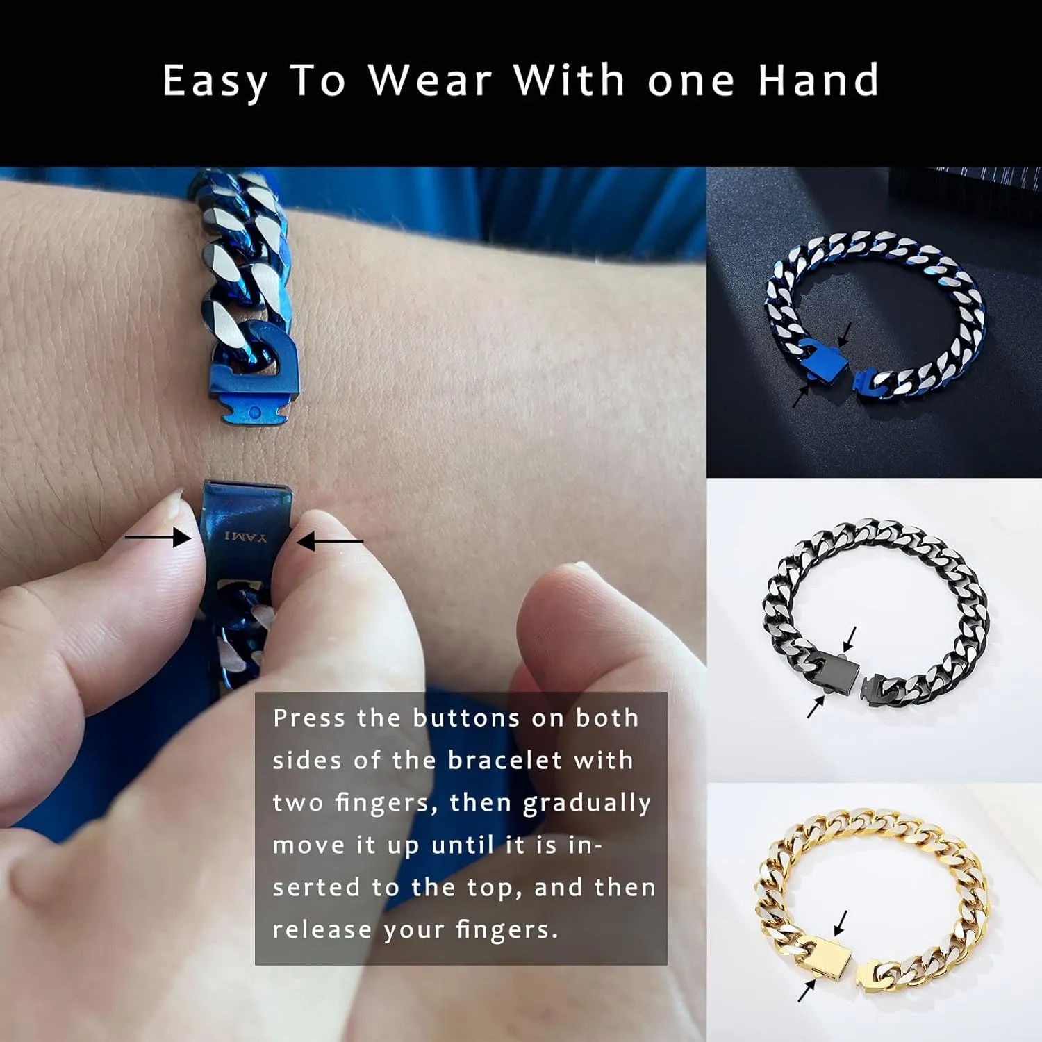 YAMI Bracelets for Men, Cuban Link Chain Diamond-Cut Bracelet, Titanium Steel Mens Jewelry Cool Stuff, Gifts For Boyfriend/Husband/Father On Anniversary/Birthday 7.5/8/8.5/9 Inches, Gold/Blue/Black B0C1B4WZJB