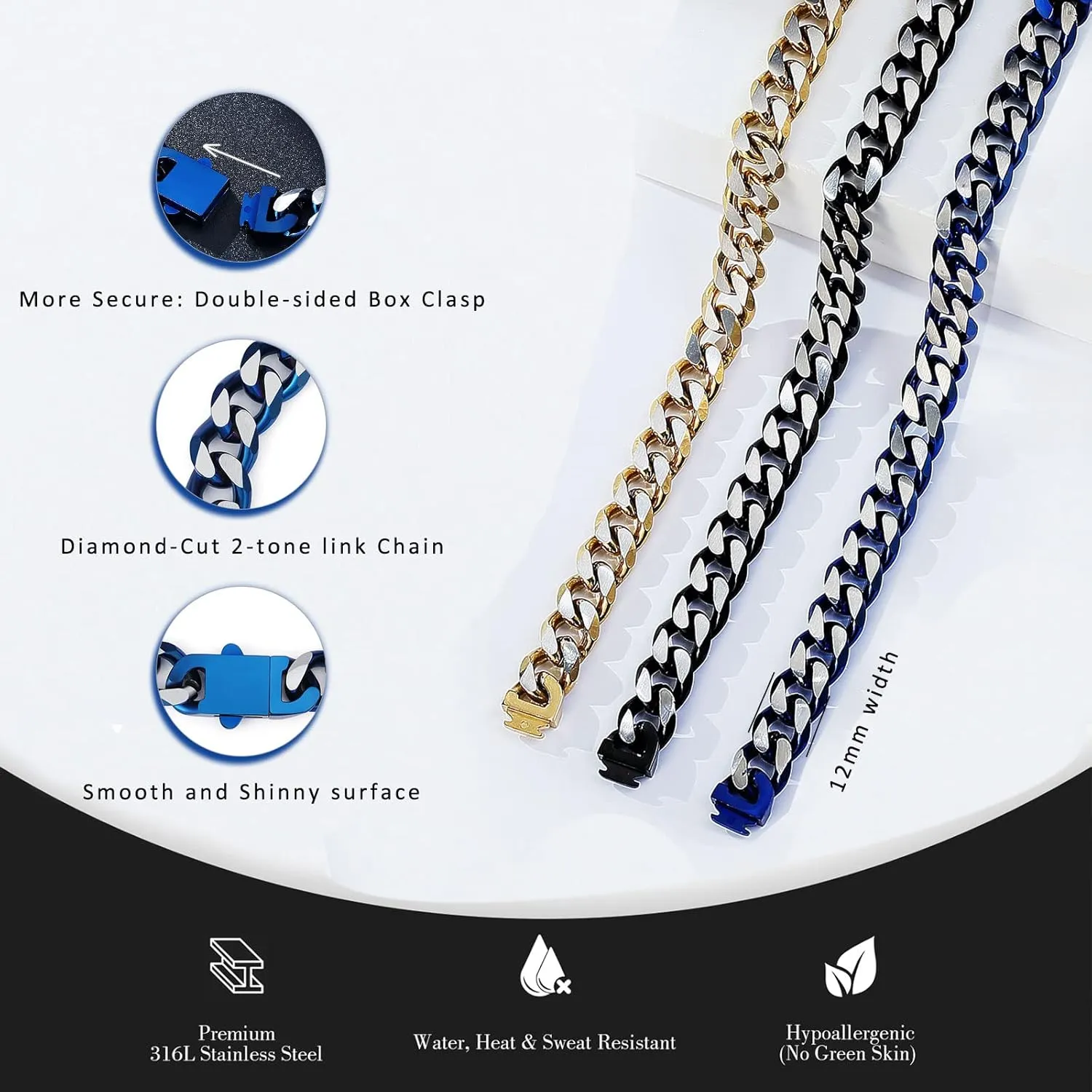 YAMI Bracelets for Men, Cuban Link Chain Diamond-Cut Bracelet, Titanium Steel Mens Jewelry Cool Stuff, Gifts For Boyfriend/Husband/Father On Anniversary/Birthday 7.5/8/8.5/9 Inches, Gold/Blue/Black B0C1B4WZJB