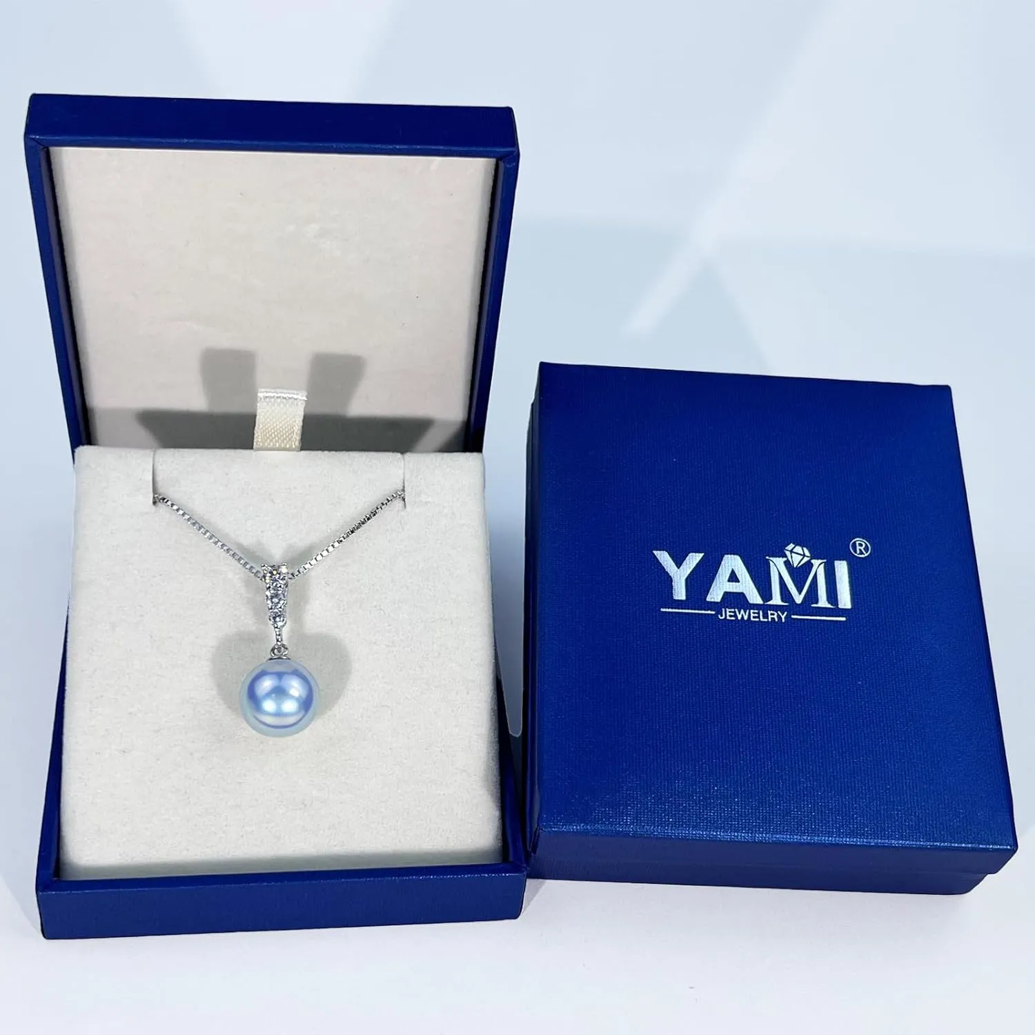 YAMI Pearl Necklace, 11-12mm Cultured Round Pearl, 925 Sterling Silver Necklace with 18 2IN Adjustable Chain, 5A Cubic Zirconia, Luxury Jewelry Gifts for Wife Mom Girlfriend, Blue/Grey/Pink/Gold