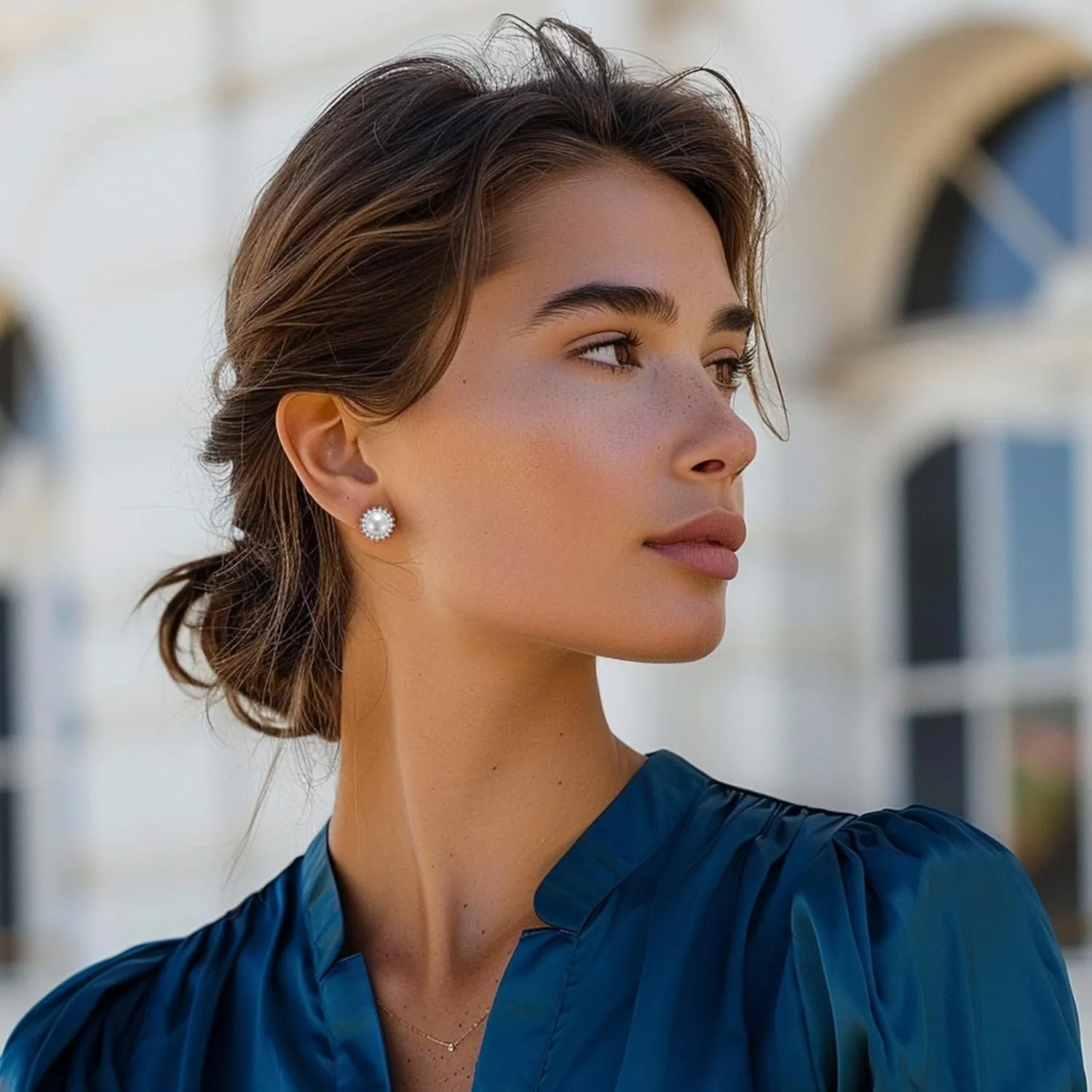 YAMI Pearl Stud Earrings - Genuine Cultured Pearls with 925 Sterling Silver & Cubic Zirconia Diamonds - Hypoallergenic Flower/Snowflake/Sun/Halo Style Studs - Elegant Jewelry Gift for Women