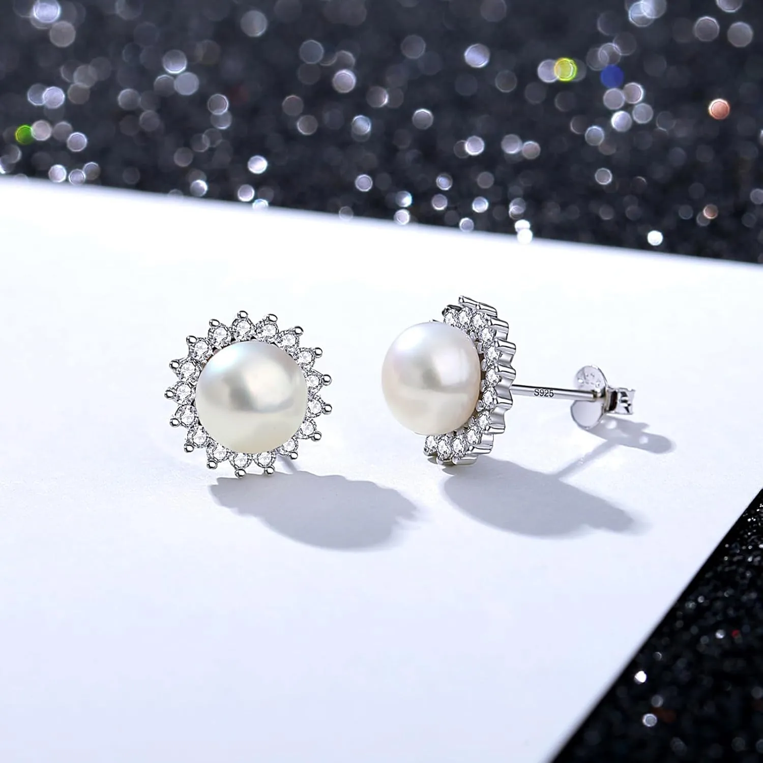 YAMI Pearl Stud Earrings - Genuine Cultured Pearls with 925 Sterling Silver & Cubic Zirconia Diamonds - Hypoallergenic Flower/Snowflake/Sun/Halo Style Studs - Elegant Jewelry Gift for Women