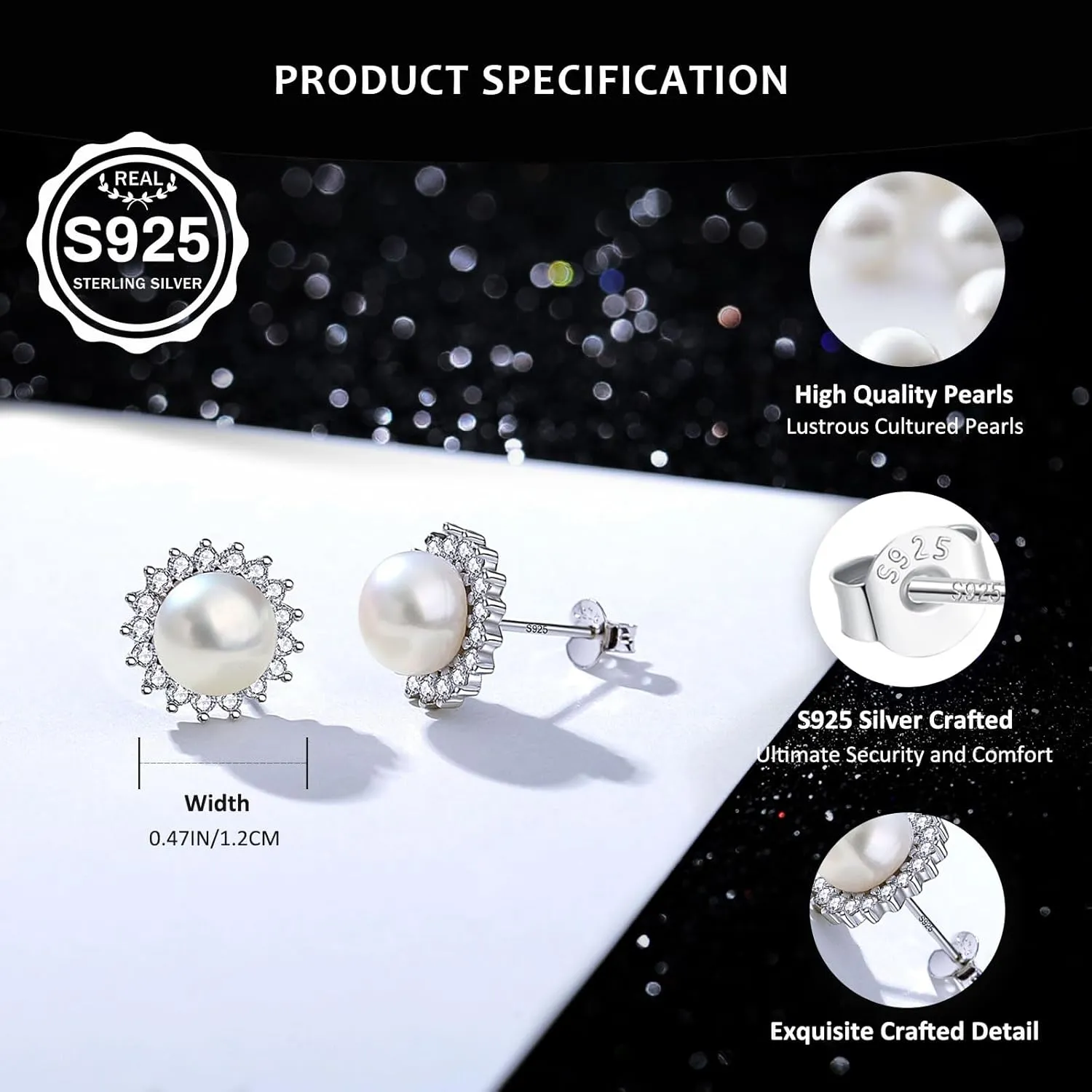 YAMI Pearl Stud Earrings - Genuine Cultured Pearls with 925 Sterling Silver & Cubic Zirconia Diamonds - Hypoallergenic Flower/Snowflake/Sun/Halo Style Studs - Elegant Jewelry Gift for Women