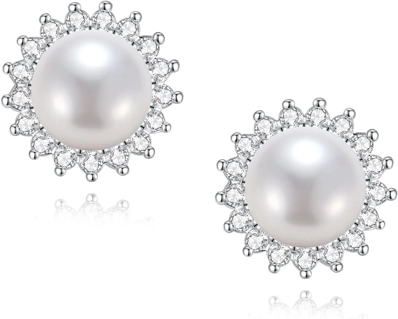 YAMI Pearl Stud Earrings - Genuine Cultured Pearls with 925 Sterling Silver & Cubic Zirconia Diamonds - Hypoallergenic Flower/Snowflake/Sun/Halo Style Studs - Elegant Jewelry Gift for Women