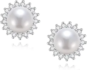 YAMI Pearl Stud Earrings - Genuine Cultured Pearls with 925 Sterling Silver & Cubic Zirconia Diamonds - Hypoallergenic Flower/Snowflake/Sun/Halo Style Studs - Elegant Jewelry Gift for Women