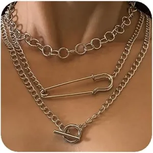 YERTTER Gothic Multi-Layered Chunky Chain Paperclip Toggle Chain Choker Necklace Set Unisex Man Women Gift