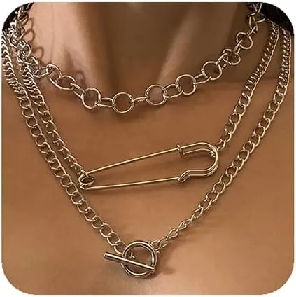 YERTTER Gothic Multi-Layered Chunky Chain Paperclip Toggle Chain Choker Necklace Set Unisex Man Women Gift
