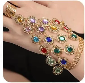 YERTTER Vintage Style Gold Plated Gemstone Bracelet Colorful Crystal Finger Ring Adjustable Cuff Belly Dancers Hand Accessories