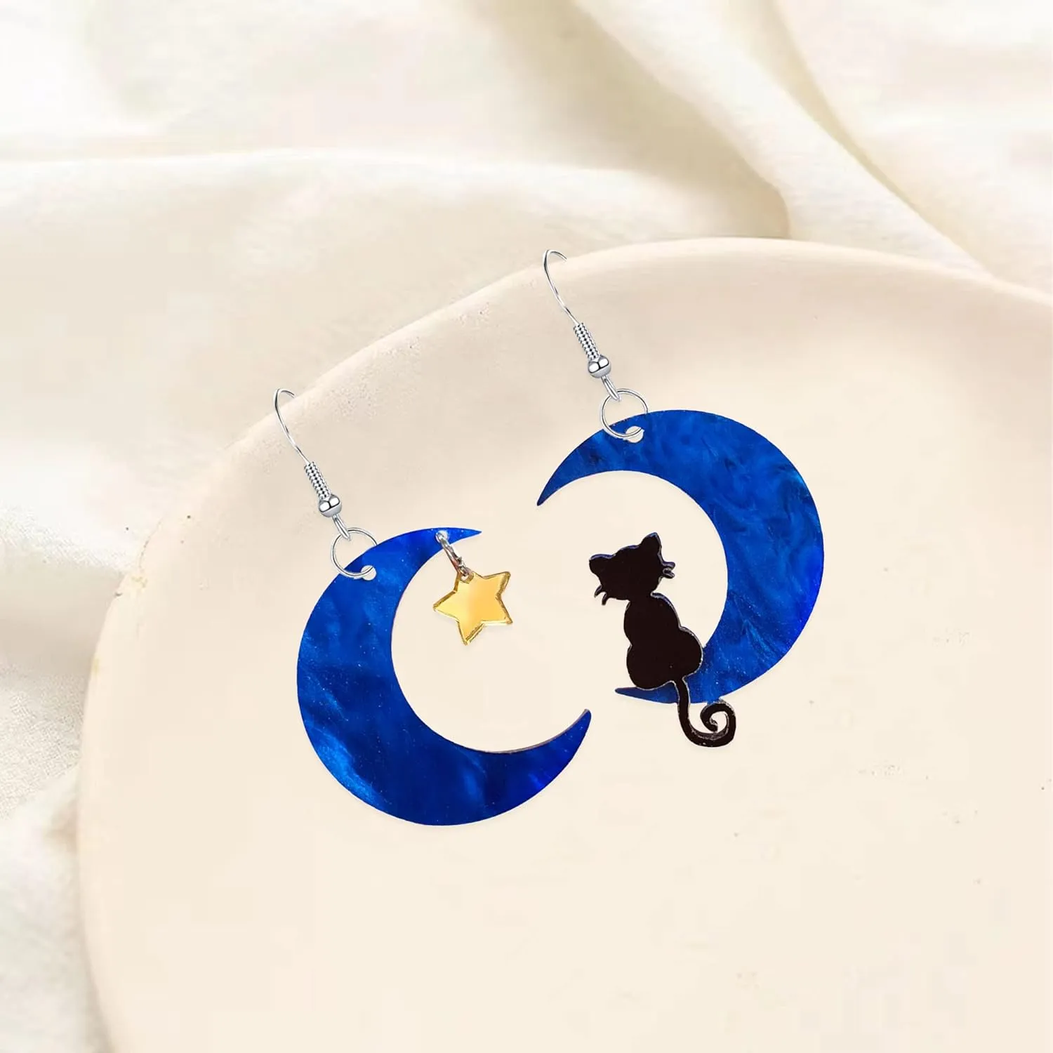 YUNXI Black Cat on the Moon Dangle Earrings Acrylic Star Mismatched Earrings Animal Lovely Women Halloween Jewelry Light Weight