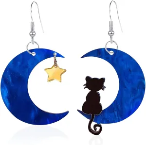YUNXI Black Cat on the Moon Dangle Earrings Acrylic Star Mismatched Earrings Animal Lovely Women Halloween Jewelry Light Weight