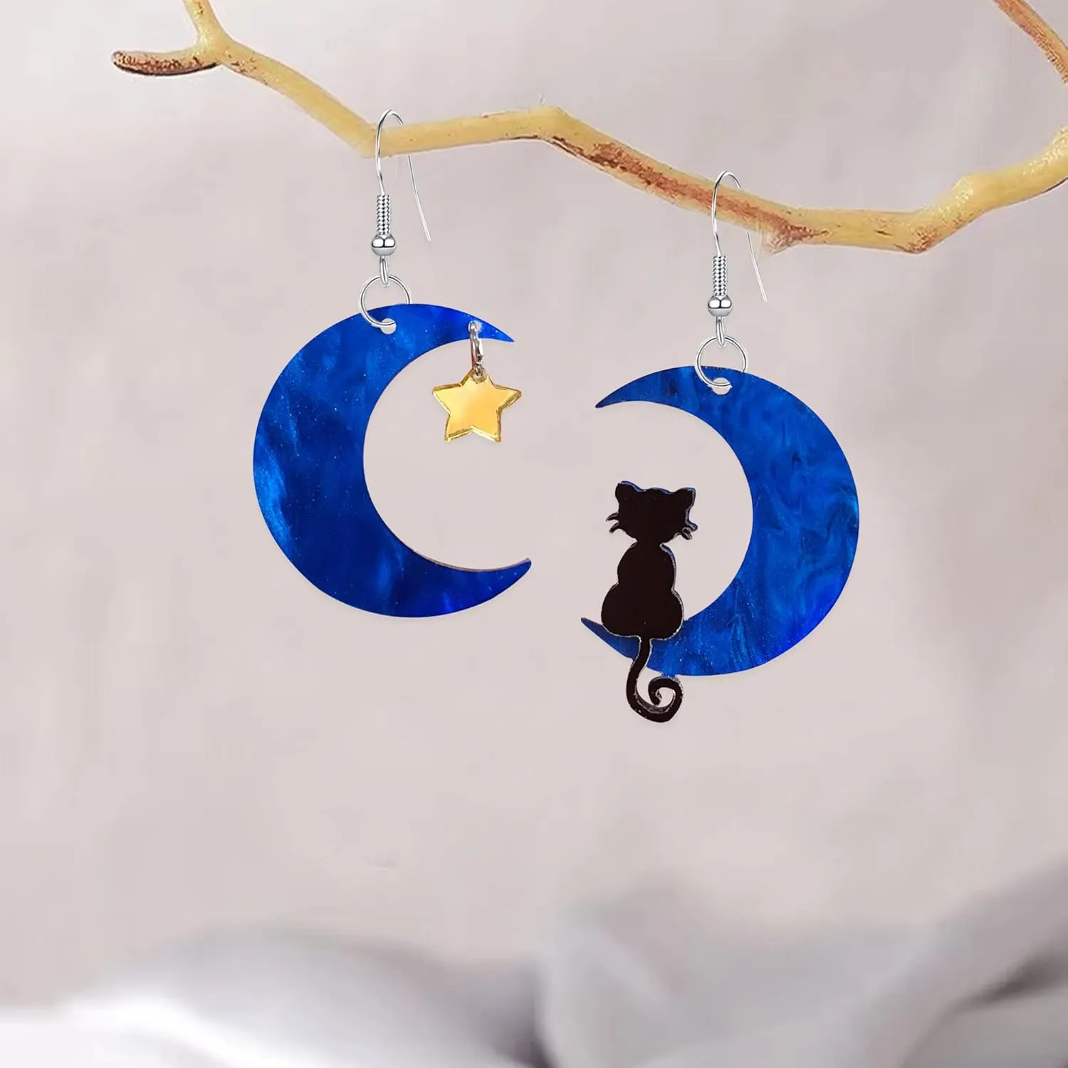 YUNXI Black Cat on the Moon Dangle Earrings Acrylic Star Mismatched Earrings Animal Lovely Women Halloween Jewelry Light Weight