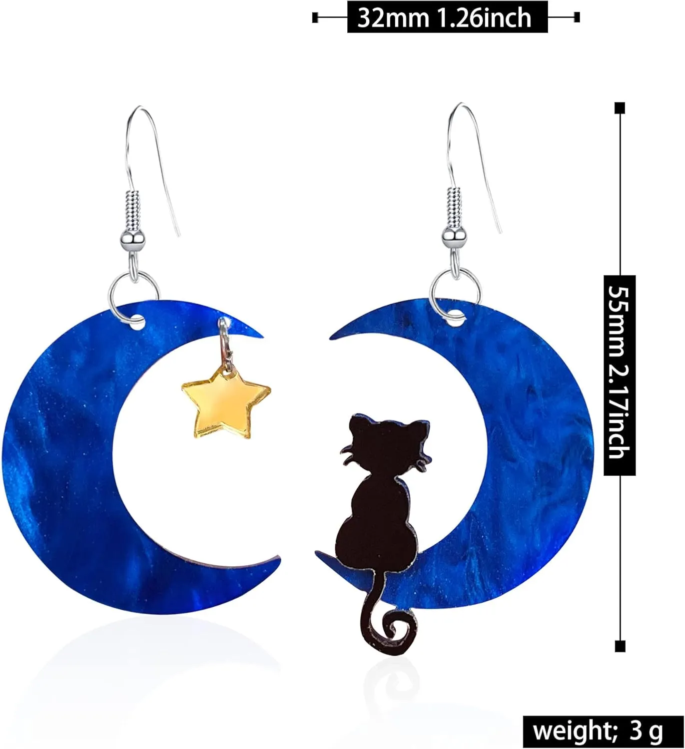YUNXI Black Cat on the Moon Dangle Earrings Acrylic Star Mismatched Earrings Animal Lovely Women Halloween Jewelry Light Weight