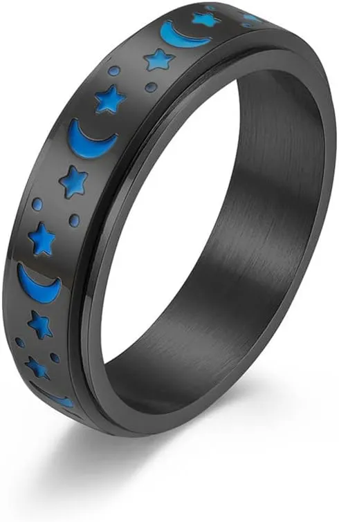 ZKXXJ Personalized Sun and Moon Stars Couple Rings Set for Him Her,Custom Matching Promise Rings for Couples Stainless Steel Dark Luminous Fidget Ring Anxiety Ring Engagement Wedding Band
