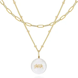 Zodiac Gold Sign on White Pearl & Shell Necklace - 2 Layered & Separate Chain with Dainty Disc Shell Pendant, Featuring 12 Constellations, Perfect Jewelry for Birthday Gifts
