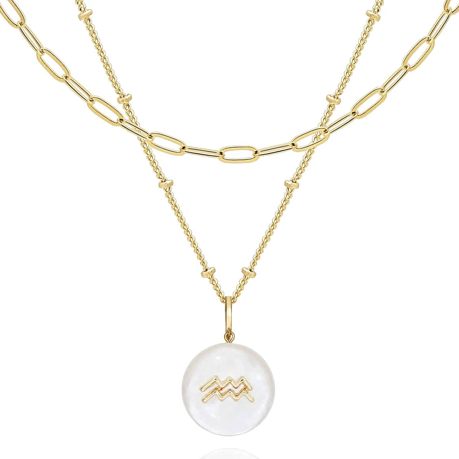 Zodiac Gold Sign on White Pearl & Shell Necklace - 2 Layered & Separate Chain with Dainty Disc Shell Pendant, Featuring 12 Constellations, Perfect Jewelry for Birthday Gifts