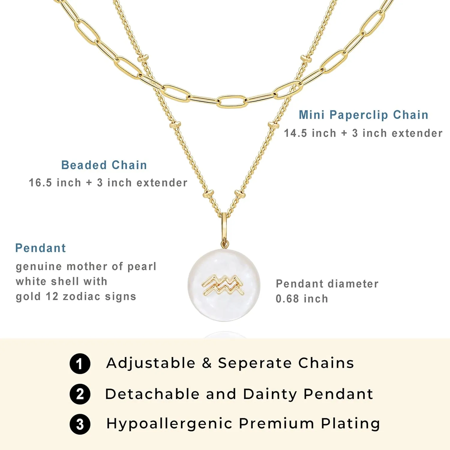 Zodiac Gold Sign on White Pearl & Shell Necklace - 2 Layered & Separate Chain with Dainty Disc Shell Pendant, Featuring 12 Constellations, Perfect Jewelry for Birthday Gifts