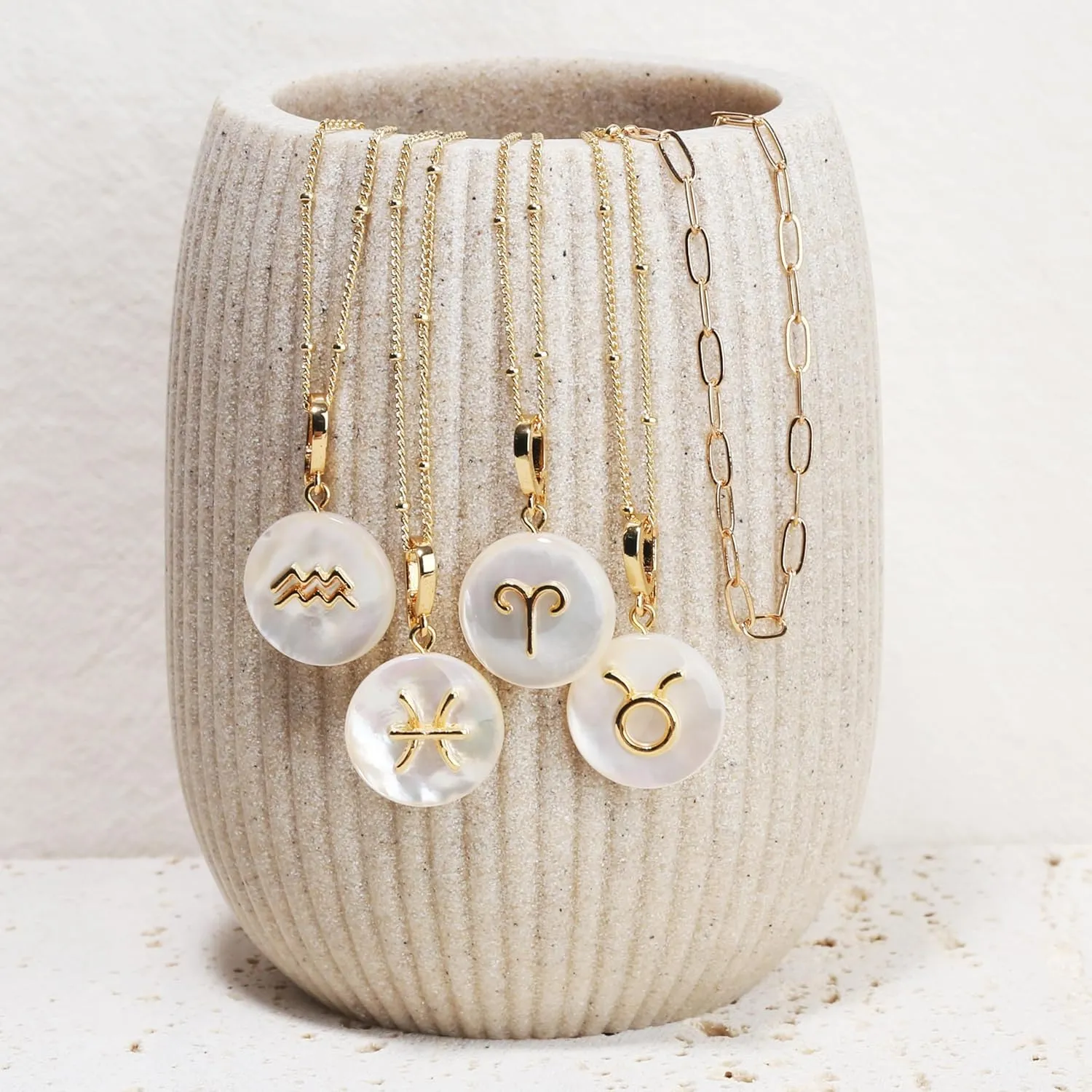Zodiac Gold Sign on White Pearl & Shell Necklace - 2 Layered & Separate Chain with Dainty Disc Shell Pendant, Featuring 12 Constellations, Perfect Jewelry for Birthday Gifts