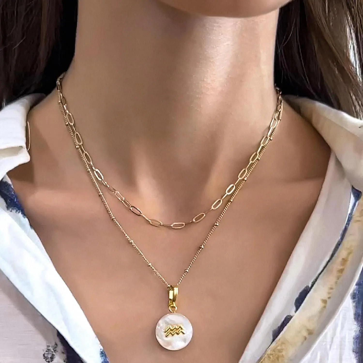 Zodiac Gold Sign on White Pearl & Shell Necklace - 2 Layered & Separate Chain with Dainty Disc Shell Pendant, Featuring 12 Constellations, Perfect Jewelry for Birthday Gifts