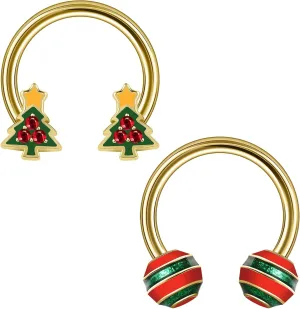 ZS 2Pcs Christmas Septum Rings, 16G Stainless Steel Horseshoe Nose Ring Hinged Segment Ring Cartilage Earring Hoop Xmas Trees Candy Daith Jewelry for Women Men