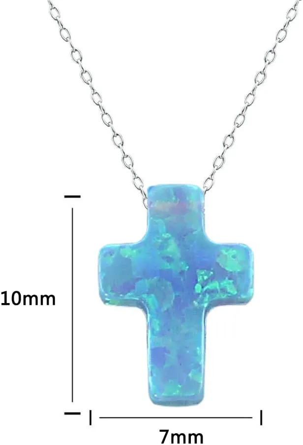 ZS Blue Opal Cross Pendant Choker Necklace Sterling Silver Charming Collar Necklace