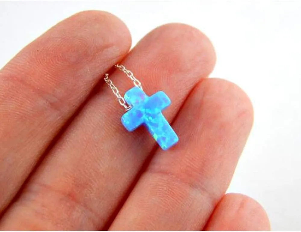 ZS Blue Opal Cross Pendant Choker Necklace Sterling Silver Charming Collar Necklace