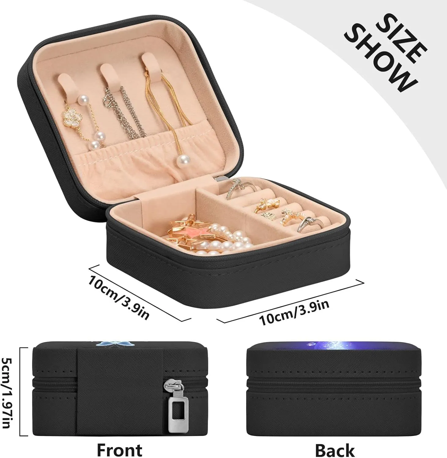 ZZKKO Glowing Butterflies Smoke Small Jewelry Box Travel Jewelry Case Leather Jewelry Travel Organizer Mini Portable Storage Boxes for Womens Rings Necklaces Gifts Black
