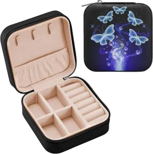 ZZKKO Glowing Butterflies Smoke Small Jewelry Box Travel Jewelry Case Leather Jewelry Travel Organizer Mini Portable Storage Boxes for Womens Rings Necklaces Gifts Black