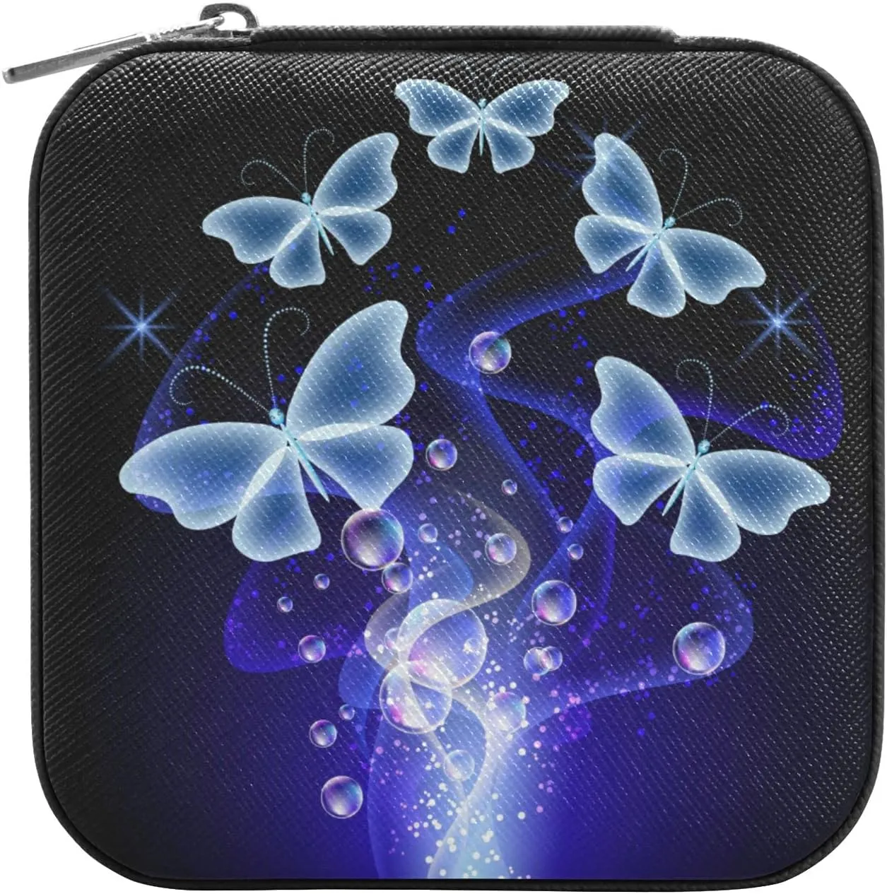 ZZKKO Glowing Butterflies Smoke Small Jewelry Box Travel Jewelry Case Leather Jewelry Travel Organizer Mini Portable Storage Boxes for Womens Rings Necklaces Gifts Black