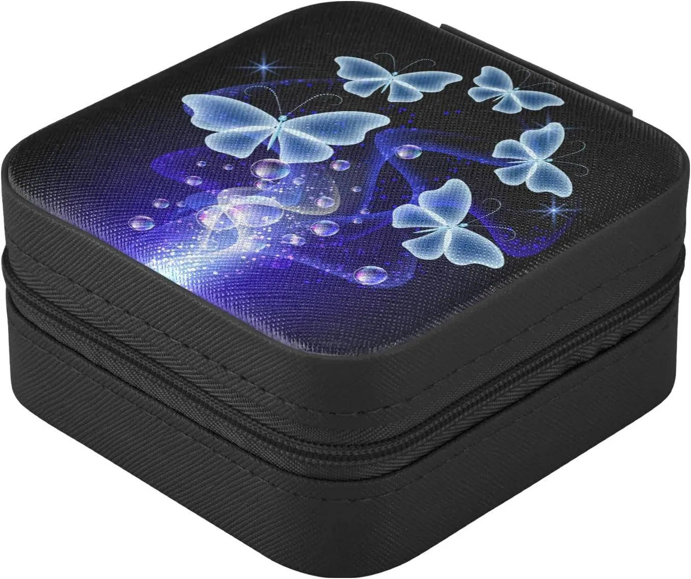 ZZKKO Glowing Butterflies Smoke Small Jewelry Box Travel Jewelry Case Leather Jewelry Travel Organizer Mini Portable Storage Boxes for Womens Rings Necklaces Gifts Black