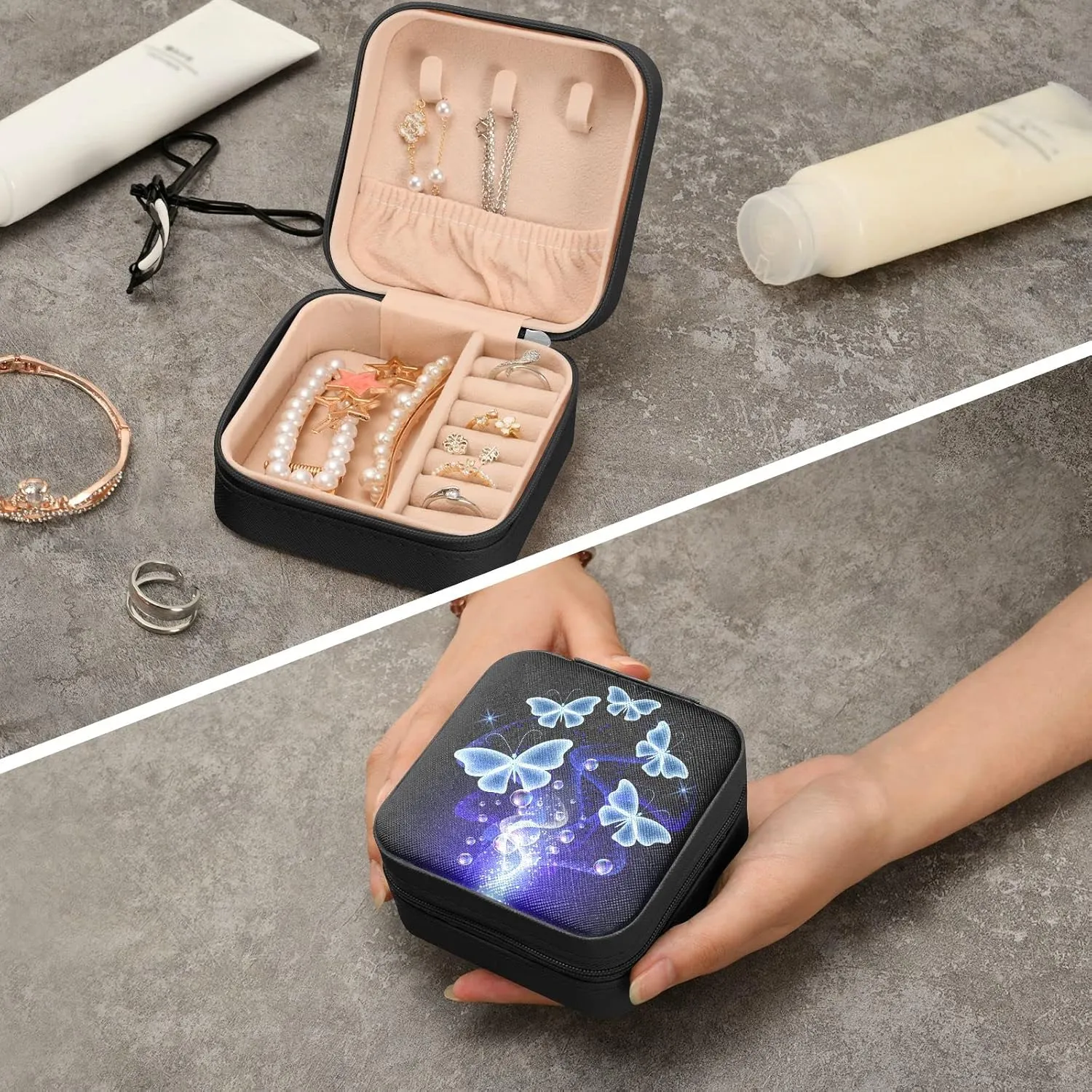ZZKKO Glowing Butterflies Smoke Small Jewelry Box Travel Jewelry Case Leather Jewelry Travel Organizer Mini Portable Storage Boxes for Womens Rings Necklaces Gifts Black